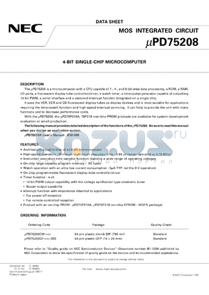 UPD75208CW-XXX datasheet - 4-bit single-chip microcomputer