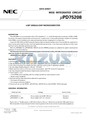 UPD75208G-XXX-1B datasheet - 4-bit single-chip microcomputer