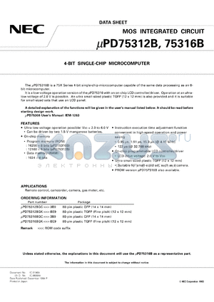 UPD75316BGK-XXX-BE9 datasheet - 4-bit single-chip microcomputer incorporating LCD controller/driver