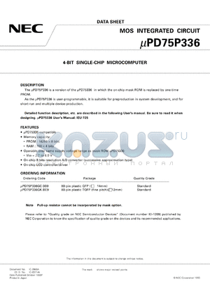 UPD75P336GK-XXX-BE9 datasheet - 4-bit single-chip microcomputer