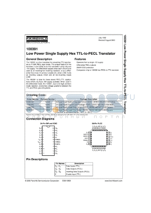 100391SCX datasheet - Low Power Single Supply Hex TTL-to-PECL Translator