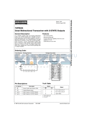 74FR245SCX datasheet - Octal Bi-Directional Transceiver with 3-STATE Outputs