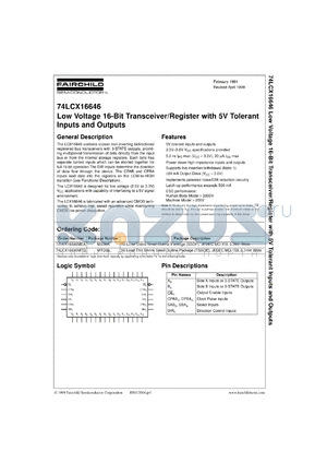 74LCX16646MEAX datasheet - Low-Voltage 16-Bit Transceiver/Register with 5V Tolerant Inputs and Outputs