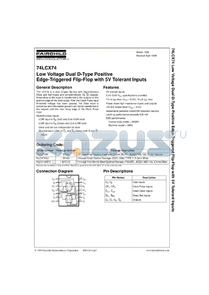 74LCX74SJX datasheet - Low Voltage Dual D-Type Positive Edge-Triggered Flip-Flop with 5V Tolerant Inputs