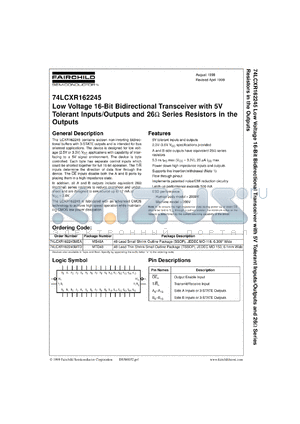 74LCXR162245CW datasheet - Low-Voltage 16-Bit Bidirectional Transceiver with 5V Tolerant Inputs/Outputs and 26 Ohm Series Resistors in the Outputs