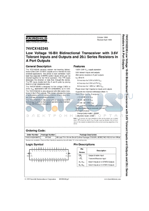 74VCX162245CW datasheet - Low Voltage 16-Bit Bidirectional Transceiver with 3.6V Tolerant Inputs and Outputs and 26 Ohm Series Resistors in A Port Outputs