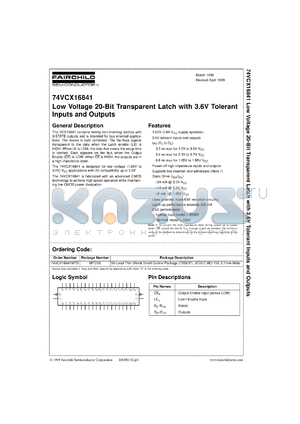 74VCX16841MEA datasheet - Low Voltage 20-Bit Transparent Latch with 3.6V Tolerant Inputs and Outputs