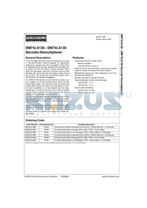 DM74LS139MX datasheet - Dual 2-to-4 Line Decoder/Demultiplexer