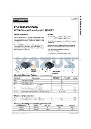 FDB5680 datasheet - 60V N-Channel PowerTrench® MOSFET