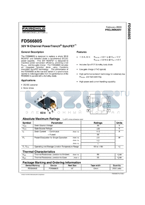 FDS6680S datasheet - 30V N-Channel PowerTrench® SyncFET™ [Preliminary]