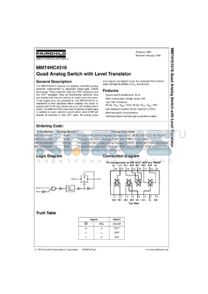 MM74HC4316MX datasheet - Quad Analog Switch with Level Translator