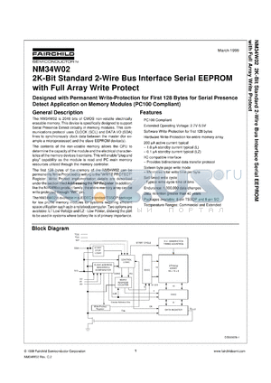 NM34W02ULMT8 datasheet - 2K-Bit with Standard 2-Wire Bus Interface Designed with Permanent Write-Protection for First 128 Bytes for Serial Presence Detect Application on Memory Module (PC100 Compliant)
