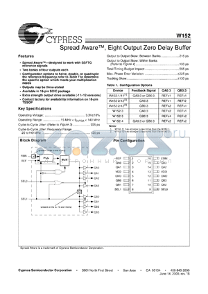 W152-1 datasheet - Spread Aware, Eight Output Zero Delay Buffer