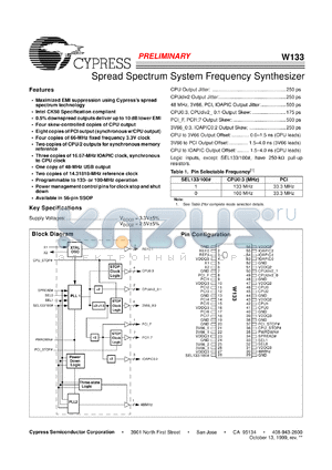W133H datasheet - Spread Spectrum System Frequency Synthesizer