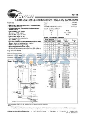 W149H datasheet - 440BX AGPset Spread Spectrum Frequency Synthesizer