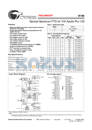 W199H datasheet - Spread Spectrum FTG for VIA Apollo Pro-133