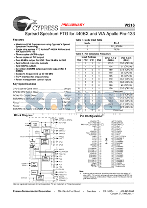 W216H datasheet - Spread Spectrum FTG for 440BX and VIA Apollo Pro-133