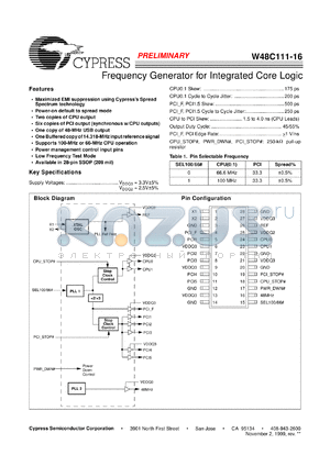 W48C111-16H datasheet - Frequency Generator for Integrated Core Logic