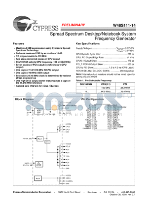 W48S111-14G datasheet - Spread Spectrum Desktop / Notebook System Frequency Generator