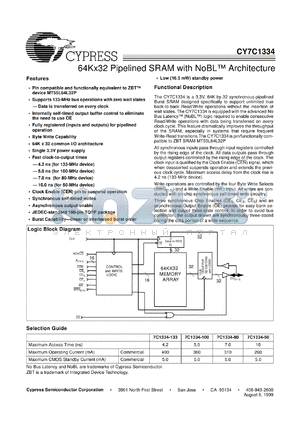 CY7C1334-100AC datasheet - 64Kx32 Pipelined SRAM with NoBL Architecture
