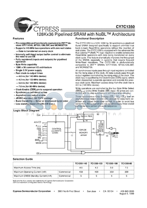 CY7C1350-143AC datasheet - 128Kx36 Pipelined SRAM with NoBL Architecture