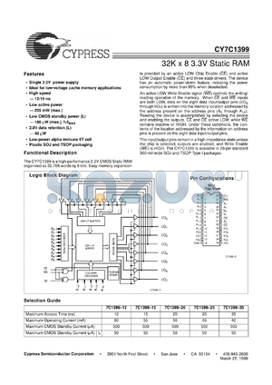 CY7C1399-12ZCT datasheet - 32K x 8 3.3V Static RAM