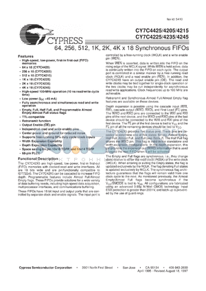 CY7C4425-10ACT datasheet - 64X 18 SYNCHRONOUS FIFO