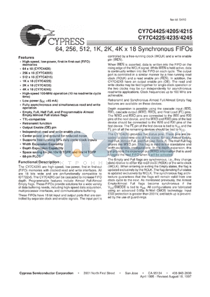 CY7C4425-25ACT datasheet - 64X 18 SYNCHRONOUS FIFO