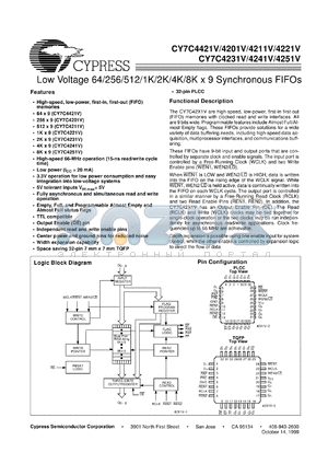 CY7C4421V-10JC datasheet - 64X9 Low Voltage SYNCHRONOUS FIFO