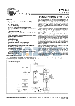 CY7C4255-10ACT datasheet - 8K X 18 SYNCHRONOUS FIFO
