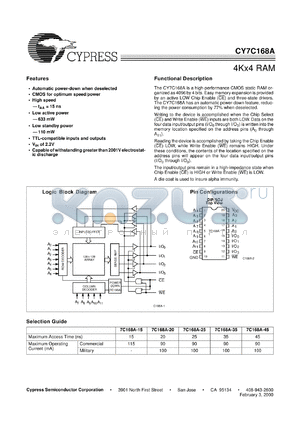 CY7C168A-15VCT datasheet - 4Kx4 RAM