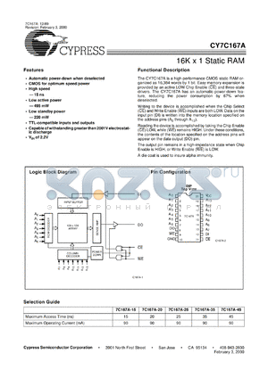 CY7C167A-15VCT datasheet - 16K x 1 Static RAM