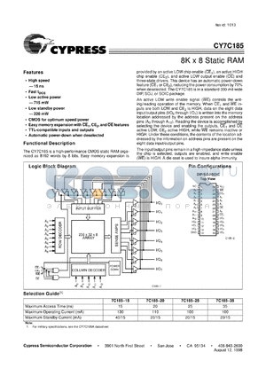 CY7C185-20VCT datasheet - 8Kx8 Static RAM