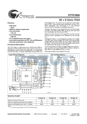 CY7C185A-35DMB datasheet - 8Kx8 Static RAM