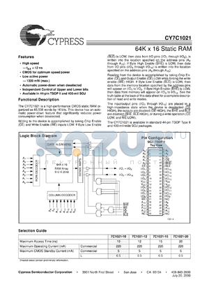 CY7C1021-15ZCT datasheet - 64K x 16 Static RAM