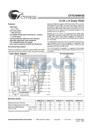 CY7C1049V33-15VC datasheet - 512K x 8 Static RAM