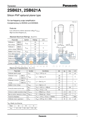 2SB0621 datasheet - Silicon PNP epitaxial planar type small signal transistor