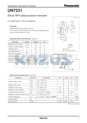 UNR7231 datasheet - Silicon NPN epitaxial planer transistor with biult-in resistor