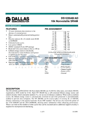 DS1220AB-100 datasheet - 16K Nonvolatile SRAM
