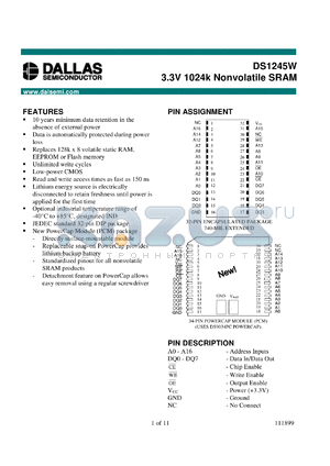 DS1245W-100 datasheet - 3.3V 1024K Nonvolatile SRAM