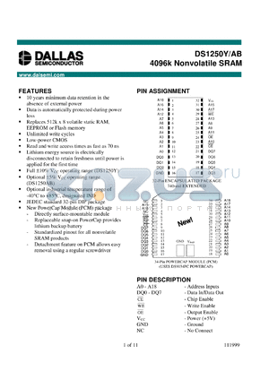 DS1250AB-70-IND datasheet - 4096K Nonvolatile SRAM