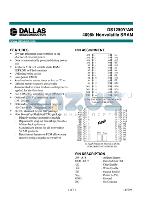 DS1250Y-70-IND datasheet - 4096K Nonvolatile SRAM