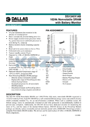 DS1345ABP-100 datasheet - 1024K Nonvolatile SRAM with Battery Monitor