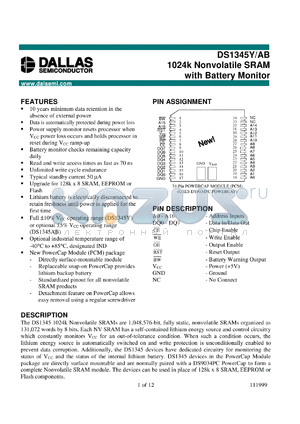 DS1345YP-70 datasheet - 1024K Nonvolatile SRAM with Battery Monitor