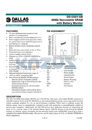 DS1350ABP-70 datasheet - 4096K Nonvolatile SRAM with Battery Monitor