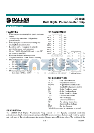 DS1868-010 datasheet - Dual Digital Potentiometer Chip