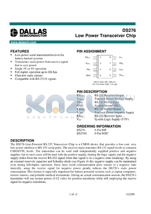 DS276SN datasheet - Low Power Transceiver Chip