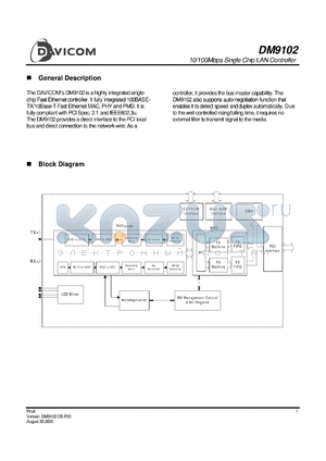 DM9102F datasheet - 10/100 Mbps single chip LAN controller