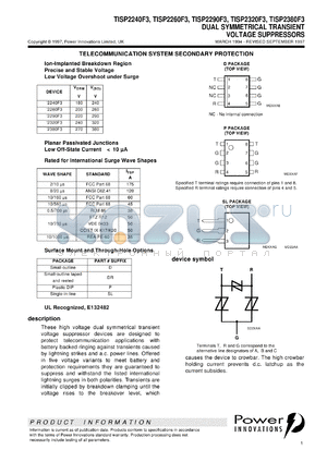 TISP2260F3P datasheet - Symmetrical Overvoltage TISP for 3 Wire Battery Backed Ringer Protection