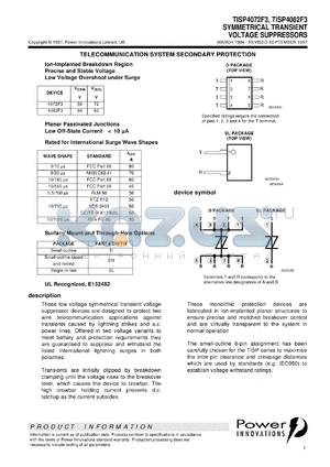 TISP4072F3D datasheet - Single Symmetrical Overvoltage TISP for 2 Wire Systems